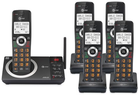 AT&T 5-Handset Expandable DECT 6.0 Cordless Home Phone with Large Display, Big Buttons, Answering Machine, Smart Call Blocker, Long Range, Caller ID, Speakerphone, Intercom: CL82518 (Charcoal Black)