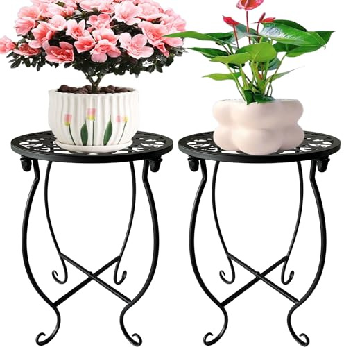 EKINIYAR Plant Stand Indoor Outdoor, Set of 2 Metal Plant Stand for Indoor Plants Iron Art Flower Pot Holder Decoration Shelf Racks for Single Planter Use in Garden Patio Corner