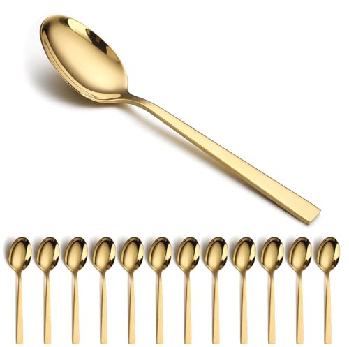 Berglander Cuchara de sopa dorada 12 piezas, cuchara de mesa de acero inoxidable, cuchara de sopa, cuchara de postre, apta para la vida diaria y todo tipo de reuniones, apta para lavavajillas