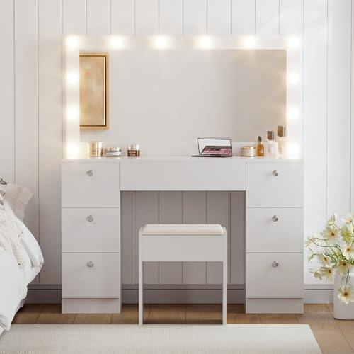 KZNGK Große Schminktisch mit Verstellbaren LED Beleuchtung und Spiegel, Kosmetiktisch mit 7 Schubladen und Hocker, Modernes Frisiertisch Makeup Tisch für das Schlafzimmer, Weiß