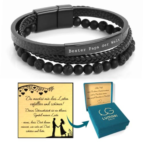 Lumari Gold Lederarmband Herren, Personalisiert mit Gravur, Leder Schwarz oder Braun, Edelstahlverschluss, Hypoallergen, Geschenkidee Männer, Schmuck für Männer, 4 Designs