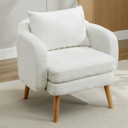 IDEASY Teddy-Samt-Sessel, Moderner Einzelsessel mit extra dickem Kissen & Massivholz-Beine, Gepolsterter Freizeitsessel für Wohnzimmer, Schlichtes Design, Weiß