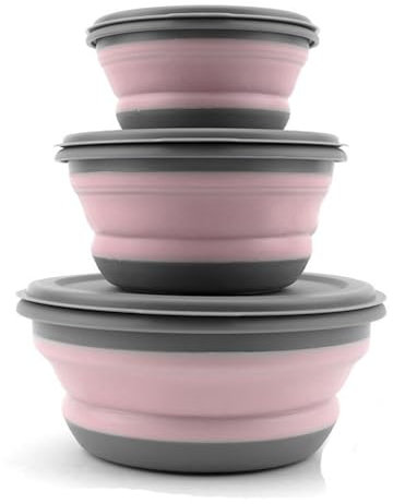 Huntoshon Collapsible Bowls, 3pcs Food Grade Silicone Camping Bowl Salad Bowl with lids, Portable Expandable Lunch Box Food Storage Container for Camping Travel and Picnic (Pink)