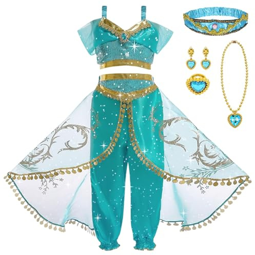 DiULi Jasmine Princess kostym för flickor, set med jasminklänning, prinsessklänning med hårtillbehör, halsband, ring och örhängen, cosplay, magdans kostymer