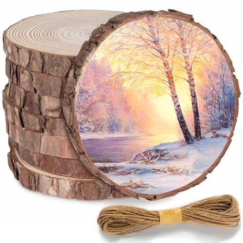 8 Stück Holzscheiben Unvollendete Holzkreise, Holz Log Scheiben 14-15cm×10mm Kiefernholz, Runde Holzscheiben mit Rinde, Runde Naturholz Baumscheiben mit Bindfaden für DIY/Weihnachten/Dekoration​