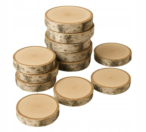 Birkenholzscheibe für DIY-Projekte & Dekoration – unbehandelt, gereinigt, naturbelassen, mit Rinde – ideal für Basteln, Gravieren, Hochzeiten & Wohnaccessoires (10er pack), 10-12cm 2cm