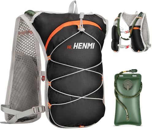 HENMI Laufweste Damen und Herren mit Trinkblase, Laufrucksack mit 2L Wasserflasche Verstellbare Brustgurte Reflektierender, Leicht Trinkblase Rucksack für Jogging Radfahren Trailrunning Trinkweste