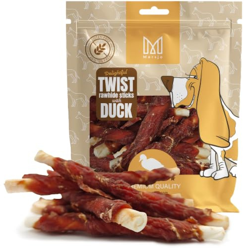Mersjo Twist - Bastoncini di pelle grezza con carne d'anatra, 500 g, 12-13 cm, senza glutine, spuntino naturale per cani