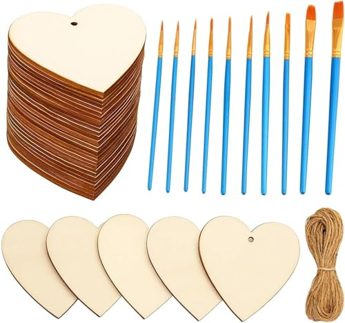 50 Stück Holz Weihnachtsanhänger, 5.3 cm x 5.6 cm Geschenkanhänger Weihnachten, Juteschnur und Pinsel, Deko Herz Aus Holz für Weihnachten, Hochzeit, Jubiläum, und Geburtstag, Party