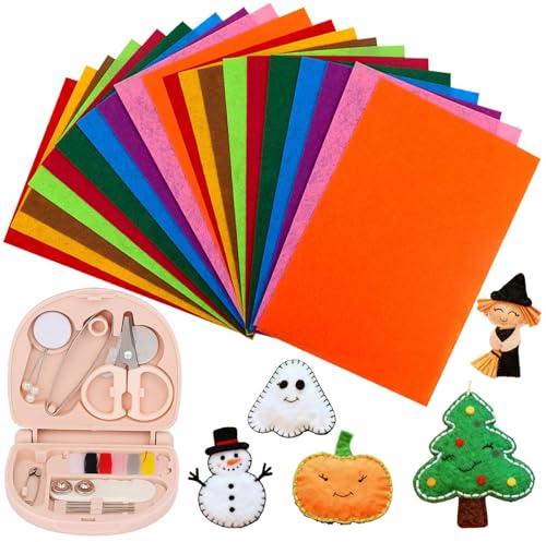 NieYat 20 Stücke Farbige Bastelfilz, 20x30 cm Filzplatten Zum Basteln, Filz Zum Nähen Und Gestalten, DIY Handwerk Für Kinder, Kreativprojekte Und Dekoration, Mit Pinker Nähbox