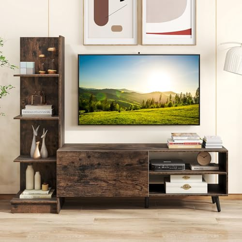 GIANTEX Mobile TV per TV fino a 50 pollici, console TV moderna a L con libreria e ripiano regolabile su 3 livelli, gambe in metallo, per soggiorno, camera da letto, marrone