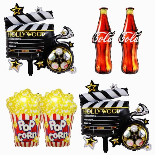 Movie Night Balloon Party Decorations,Hollywood Clapboard Cola Bottle and Popcorn Foil Balloons for Movie Theme Birthday Party Decorations