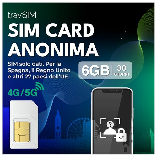 Tarjeta SIM Anónima travSIM | 6GB de Datos móviles a velocidades 4G/5G | Itinerancia Gratuita en Reino Unido y más de 30 países de la UE | El Plan es válido Durante 30 días | Recargable