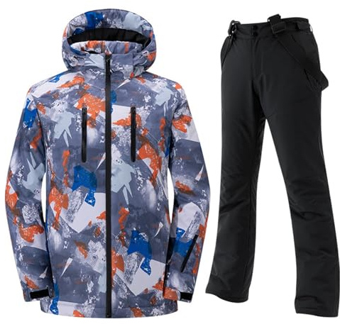 Generisch Tuta termica unisex da uomo e da donna, con cappuccio, in 2 pezzi, impermeabile, antivento, giacca da sci e pantaloni da neve, per snowboard, M-4XL, D01 nero, 3XL