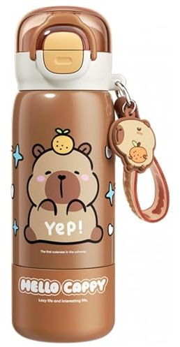 Jeorywoet Botella de agua de capibara de 380 ml con pajita, linda botella de agua de acero inoxidable, taza portátil para oficina, escuela, viajes, niñas, café