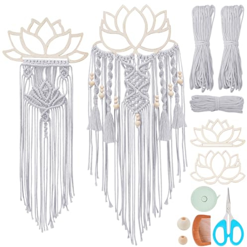 FREEBLOSS 2 Set DIY Macrame Lotus Wall Hanging Kit Macrame Tapestry Kit with Instructions Wooden Frames for Adults Beginners Lotus Wall Hanging Decor for Living Room Bedroom