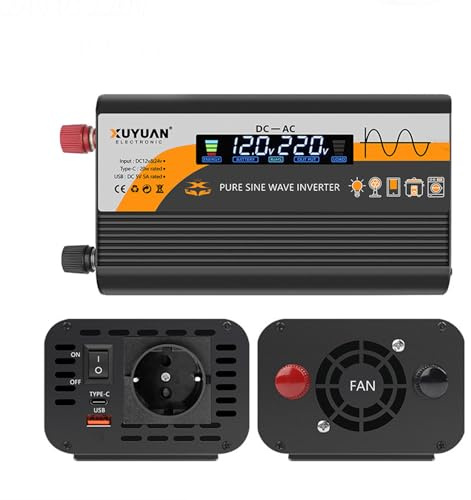 Inverter da 800 W, 12 V su 220 V, convertitore di tensione sinusoidale puro con 1 presa europea e 2 caricabatterie per auto USB, convertitore di corrente con presa accendisigari