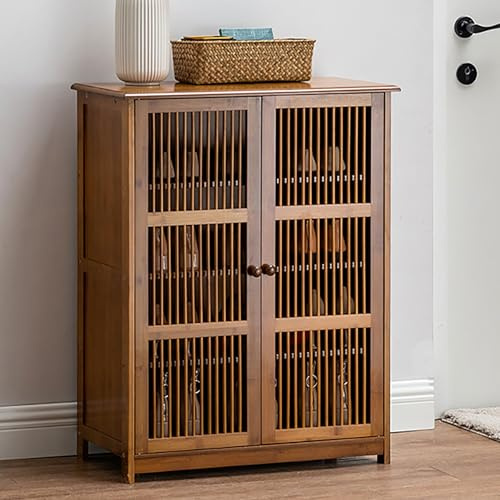 Elegant skoskåp i bambu för entré – stor kapacitet 2-dörrars skoförvaring med staketdörr – platsbesparande design för hem- och entréförvaringslösningar