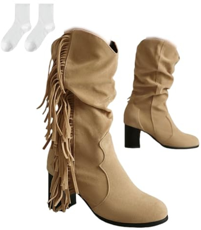 Damstövlar med halvhäl och blockklack, moderiktiga ridstövlar i mocka-look med veckad design och fransar, bekväma slip-on-stövlar i plusstorlekar för vardagsbruk,Beige,38 EU