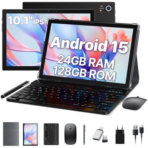 ANTEMPER 2026 Neueste Tablet, 10.1 Zoll Display, 24GB RAM + 128GB ROM (erweiterbar auf 1TB), Android 15 Tablets mit Tastatur Maus Stift, WiFi 6, WideVine L1, 13MP+8MP Kamera, 7000mAh, GPS, Schwarz