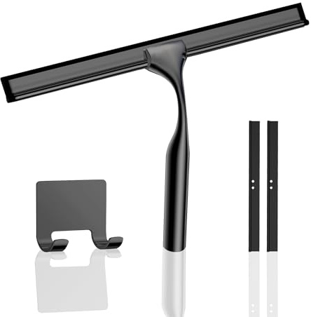 COFTCLMOMT 35cm Edelstahl Duschabzieher mit Selbstklebe Haken und 2 Ersatzklinge, Edelstahl Kurzer Griff Glaswischer Abzieher Dusche für Duschtüren,Glas Wasserschieber, Badwischer, Schwarz