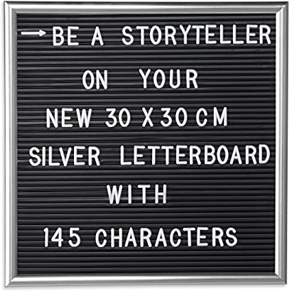 Relaxdays Letterboard, 145 Buchstaben, Zahlen, Sonderzeichen, 30x30 cm, Buchstabentafel zum Stecken, Kunststoff, silber