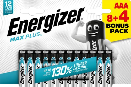 Energizer - Max Plus, Pack de 8+4 Pilas AAA, +150% de duración para Uso Cotidiano, sin sulfatación y Mantiene Carga 12 años