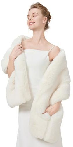 BEAUTELICATE Faux Fur Shawl Women’s Thicken Wrap Bridal Stole Shrug Bridesmaids Cape Cover Up With Pockets for Winter Wedding Evening(One size, Creamy White)