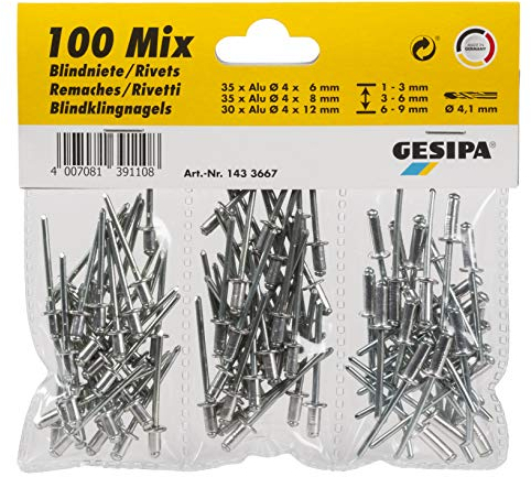 GESIPA | Lot de 100 rivets aveugles en aluminium Ø 4,8 mm | Jeu de rivets pour les applications les plus courantes | Qualité professionnelle | Achetez des rivets creux des professionnels