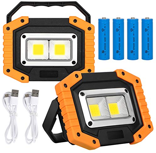 KAMEUN LED Baustrahler Akku 2 Stück, Wiederaufladbare Strahler mit Akku (18650ma*2) 30W 2000LM, LED Arbeitsleuchte USB Tragbar für Garage Camping Angeln Notfall Baustellen,3 Lichtmodi (GELB)