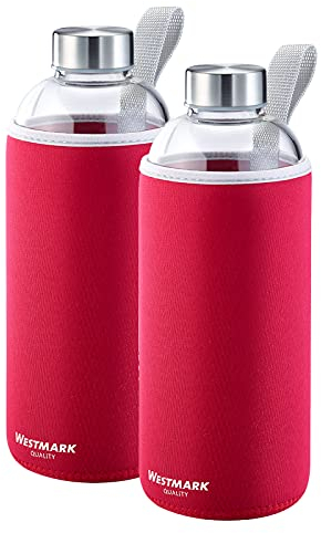 Westmark Set de botellas, 2 unidades, 2 botellas con estampado para bebidas, incl. 1 funda protectora cada una, 1000 ml, Vidrio/Silicona/Goma, Sin BPA, Viva, Rojo/Plateado/Transparente, 527422E7
