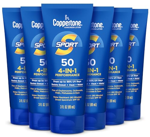 Coppertone Sport Sunscreen Lotion SPF 50, Sweat, Heat and Water Resistant Sunblock, Lightweight, Oxybenzone Free, Travel Size Sunscreen Bulk Pack, 3 Fl Oz Bottle, Pack of 6
