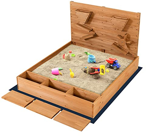Costzon Wooden Sandbox with Cover, Kids Outdoor Play Sand Pit w/Wall, Bottom Liner, Bench Seat & Built-in Toy Storage Space, Waterproof Coating Sand Box for Backyard Lawn Garden Beach