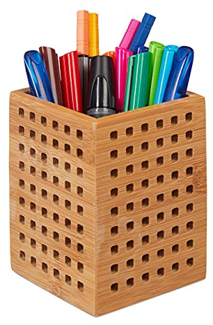Relaxdays Stiftköcher Bambus, Stiftebecher Schreibtisch, Landhausstil, HxBxT: 11,5 x 9 x 9 cm, Stiftehalter, Natur | Landhausstil, HxBxT: 11,5 x 9 x 9 cm, 2 Stiftehalter