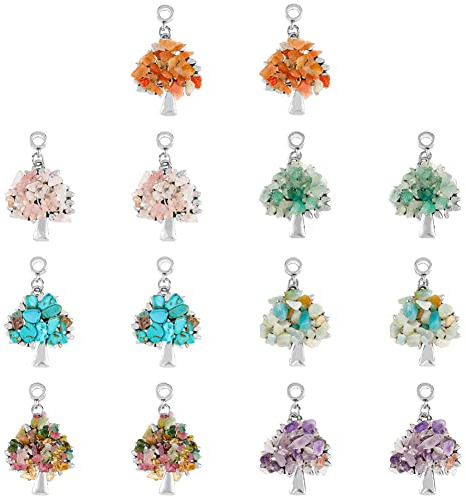 SUPERFINDINGS 28 Pz Lega Albero della Vita Ciondoli 7 Stili Chakra Stone Ciondoli Natural Gemst1 Chip Perline Ciondoli Ciondoli per Collana Bracciale Creazione di Gioielli, Foro:4~4.5mm