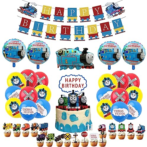 Dinoeye Thomas Birthday Decoration Pack: Thomas Train Cake Toppers, Banner, Latex & Aluminium Foil Balloons - Blue, Cartoon Pattern - Perfect for Birthday Parties