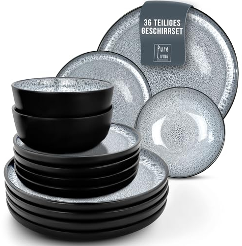 Steingut Geschirrset 12 Personen Ibiza 36 tlg. TESTSIEGER, Traumhaftes Mediterranes Steingut Geschirr Set, Schüssel- und Teller Set, Tafelservice 12 Personen, Geschirrsets Pure Living in Rauchblau