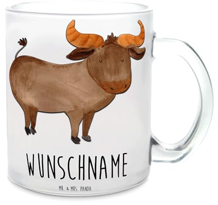 Mr. & Mrs. Panda Personalisierte Tasse Sternzeichen Stier - Geschenke, Ochse, Rind, personalisiertes Glas, Geburtstag April, personalisieren, Namenstasse, personalisiert, Mai, selbst gestalten
