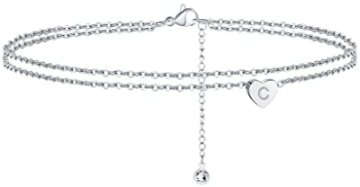 TINGN Herz Fußkettchen für Damen Silber, 14K Weißgold Vergoldet Layered Silber Fußkettchen Herz Fußkettchen mit Buchstaben Damen Sommer Strand Mode Fußschmuck für Frauen und Mädchen Geschenke