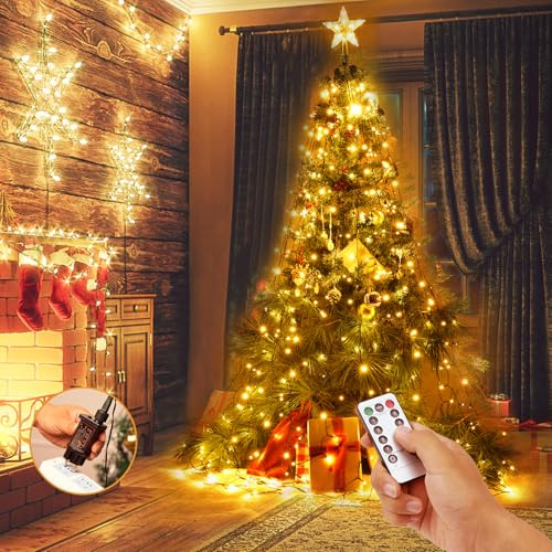 Yizhet Luci Albero di Natale con Stella, 2M x 16 Stringa di Luci 400 LED Bianco Caldo con 8 Modalità, Telecomando e Timer, Mantello Luci Albero di Natale Impermeabile IP44 per Albero 1,5 a 2,5m