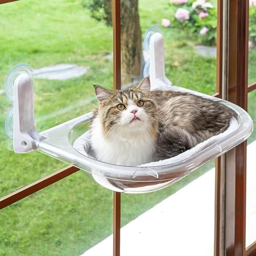 Katzenbett Fenster für Katzen Bis 18kg, Verstärkte Hängematte Katze mit Starkem Saugnapf, Katzen Fensterliege für Große Katze in Innenräumen, Fensterliege für Katzen mit Plüsch-Kissen 52×33,5×10CM