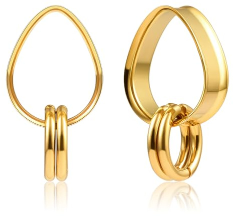 DOEARKO Ohr Tunnel 1 Paare Double Flared Ohr Flesh Tunnel 4 Ring Edelstahl Ohr Plug Expander Ohrpiercing Gestreckte Schmuck für Frauen und Männer(Gold,10mm)