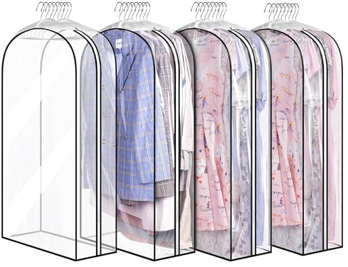 4 Pack Garment Bags for Clothes: Transparent Suit Bags Full Clear Clothes Covers with Zips for Hanging Clothes Dress Suits Jackets Coats Windbreaker in Closet