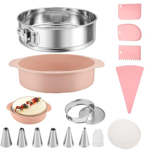 9 Inch Springform Pan sets, Nonstick Leakproof 304 Stainless Steel Springform Cake Pan with Removable Bottom, Silicone Pan Protector & 50PCS Parchment Paper, Piping Bags and Tips, Cake Leveler
