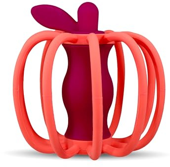 RaZbaby RaZ-Apple Silicone Teether & Rattle Toy – Soft, Flexible & Easy to Hold, Soothing Sounds for Entertainment, Textured for Teething Relief, Nipple-Shaped Stem for Comfort – BPA-Free, 3M+