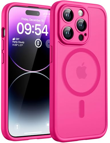 TOCOL for iPhone 14 Pro Case, Compatible with MagSafe, Hot Pink | Full Camera Protection, Built-in Magnets, 15FT Military-Grade Shockproof Thin Slim Translucent Matte Phone Cover