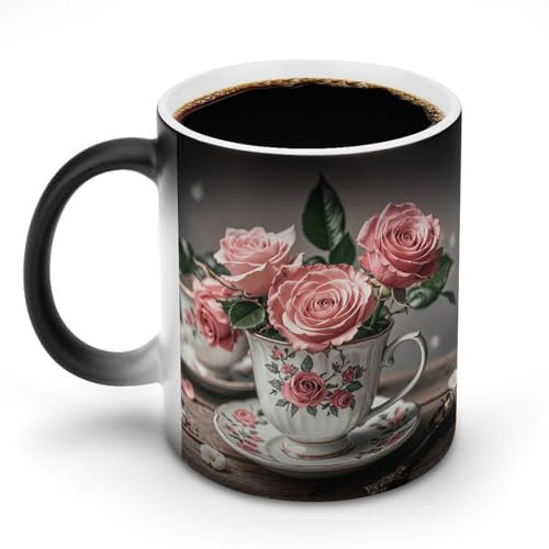 QSKDLAC Tazze da caffè in ceramica divertenti tazze da tè con rose romantiche shabby che cambiano colore tazza da viaggio tazza da tè per donne uomini regalo