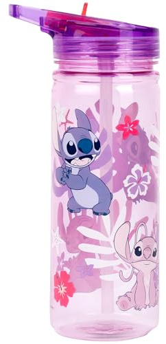 Disney Stitch - Borraccia con cannuccia, 580 ml, 100% a tenuta stagna, durevole, in plastica resistente e senza BPA, colore: rosa