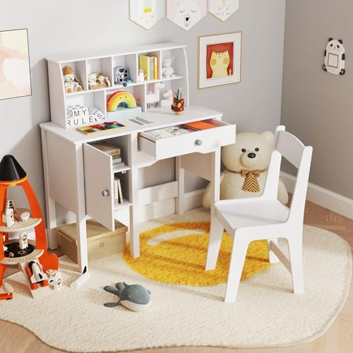 DREAMADE Bureau Enfant avec Chaise Ergonomique,Table Enfant et Chaise avec Étagère Ouverte,Armoire,Tiroir,Table d'Activités Garçons Filles pour Apprendre,Écrire,Blanc,79x34x91CM (Blanc avec 8 Cubes)