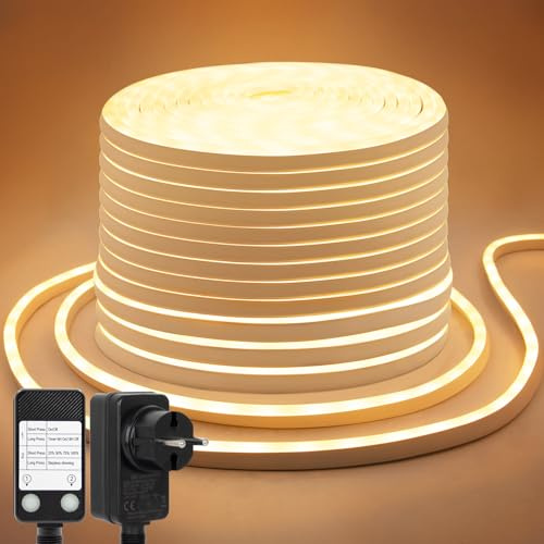 CCILAND 20M Neon LED Streifen,24V Neon Seillichter Dimmbar 2700K Warmweiss Silikon DIY Flexibel Strip LED Lichtband mit Timer IP67 Wasserdicht für Heim Küche Innen Außen DIY Dekor